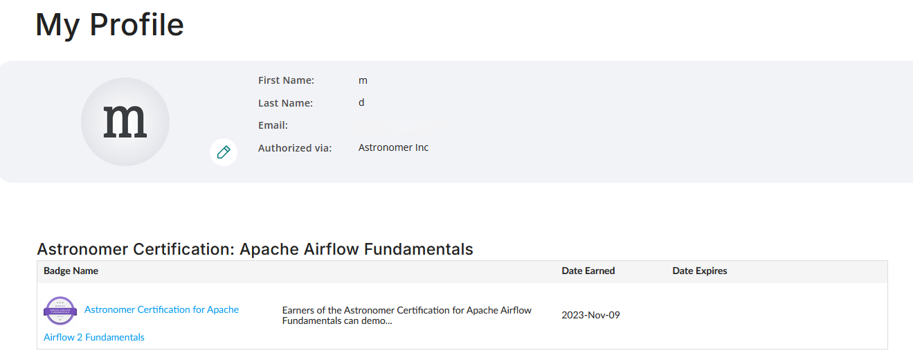 Astronomer Certification for Apache Airflow Fundamentals for Matthew Devney